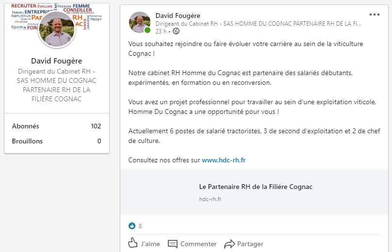 Homme Du Cognac communique sur Linkedin & Vitijob